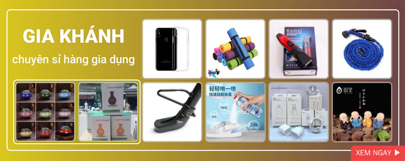 nước giặt, kéo nhật, cốc giữ nhiệt, nước lau sàn, máy xông tinh dầu, khăn ướt, bình giữ nhiệt, bóng đèn tích điện, gương soi di động, khẩu trang, khăn giấy, đèn led