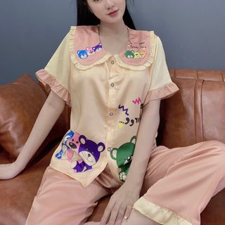 Đồ bộ ngủ nữ mặc nhà pijama cổ tiểu thư in 3chu gấu (Dài cộc) giá sỉ