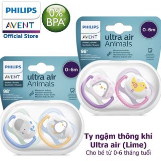 Ty ngậm thông khí Ultra Air Lime Philips Avent hình thú 0-6M (vỉ đôi) - Màu hồng và tím giá sỉ