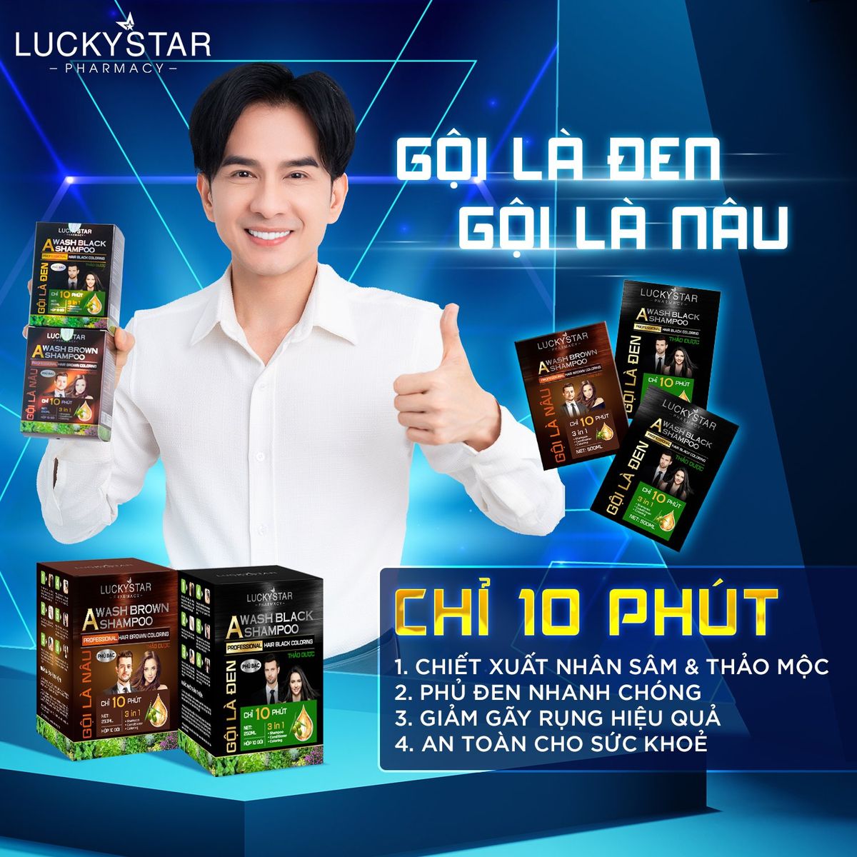 Gội Là Nâu Thảo Dược Cao Cấp Lucky Star - Hộp/10gói*25ml Gội Là Nâu Thảo Dược Cao Cấp Lucky Star - Hộp/10gói*25ml