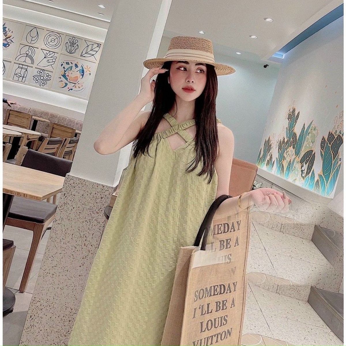 Đầm maxi đi biển cổ yếm dây chéo, hở vai thả dáng siêu xinh giá sỉ - giá bán buôn Đầm maxi đi biển cổ yếm dây chéo, hở vai thả dáng siêu xinh giá sỉ - giá bán buôn