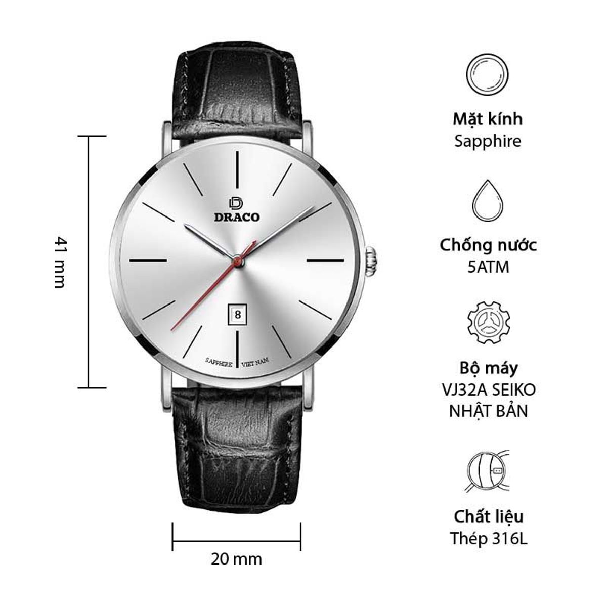 Đồng Hồ Nam - Thương Hiệu DRACO D21-ST02 Đồng Hồ Nam - Thương Hiệu DRACO D21-ST02