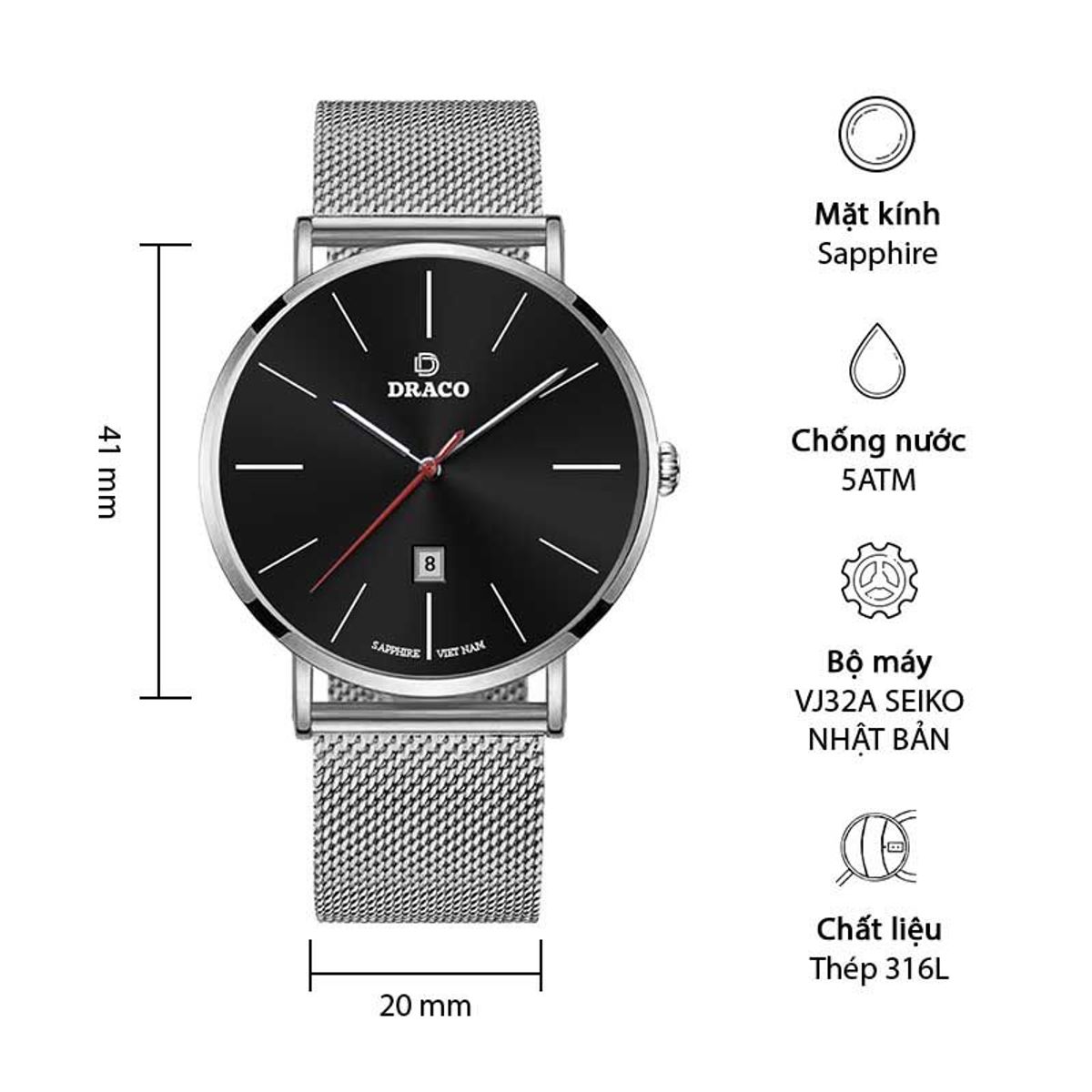 Đồng Hồ Nam - Thương Hiệu DRACO D21-ST02 Đồng Hồ Nam - Thương Hiệu DRACO D21-ST02