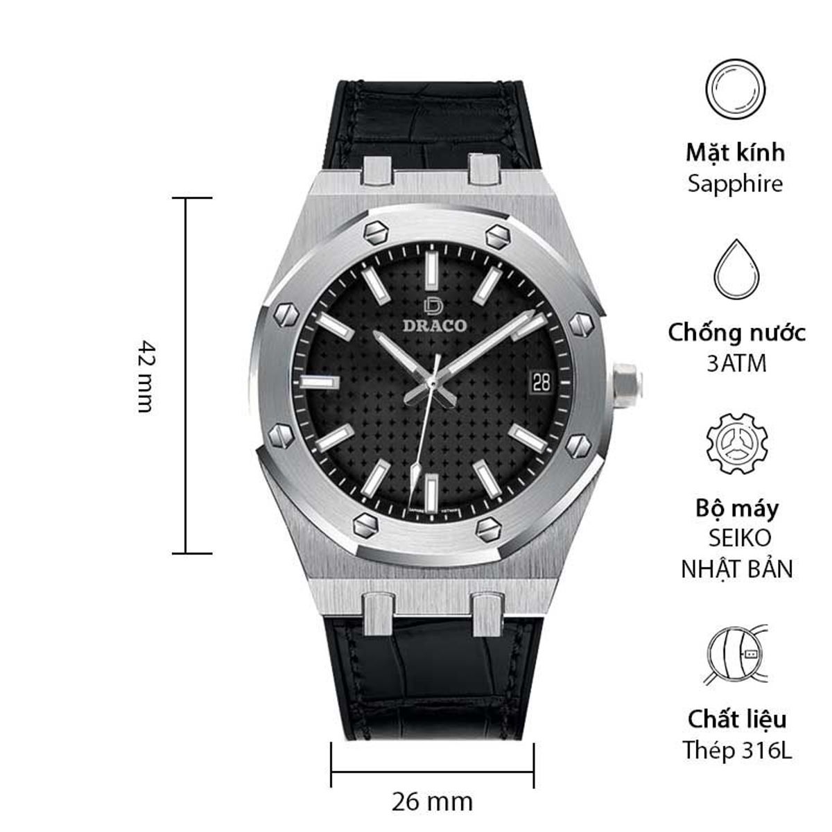 Đồng Hồ Nam - Thương Hiệu DRACO D22-DR04 “Revolution Watch” đen dây da bò đen Đồng Hồ Nam - Thương Hiệu DRACO D22-DR04 “Revolution Watch” đen dây da bò đen