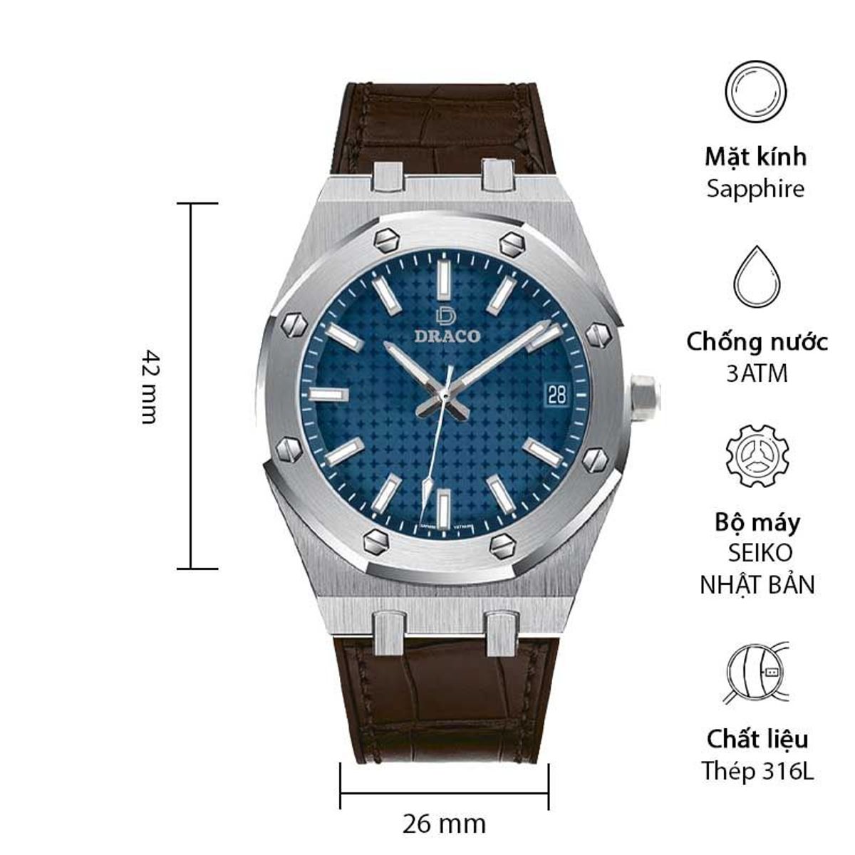 Đồng Hồ Nam - Thương Hiệu DRACO D22-DR04 “Revolution Watch” xanh dây da bò nâu Đồng Hồ Nam - Thương Hiệu DRACO D22-DR04 “Revolution Watch” xanh dây da bò nâu