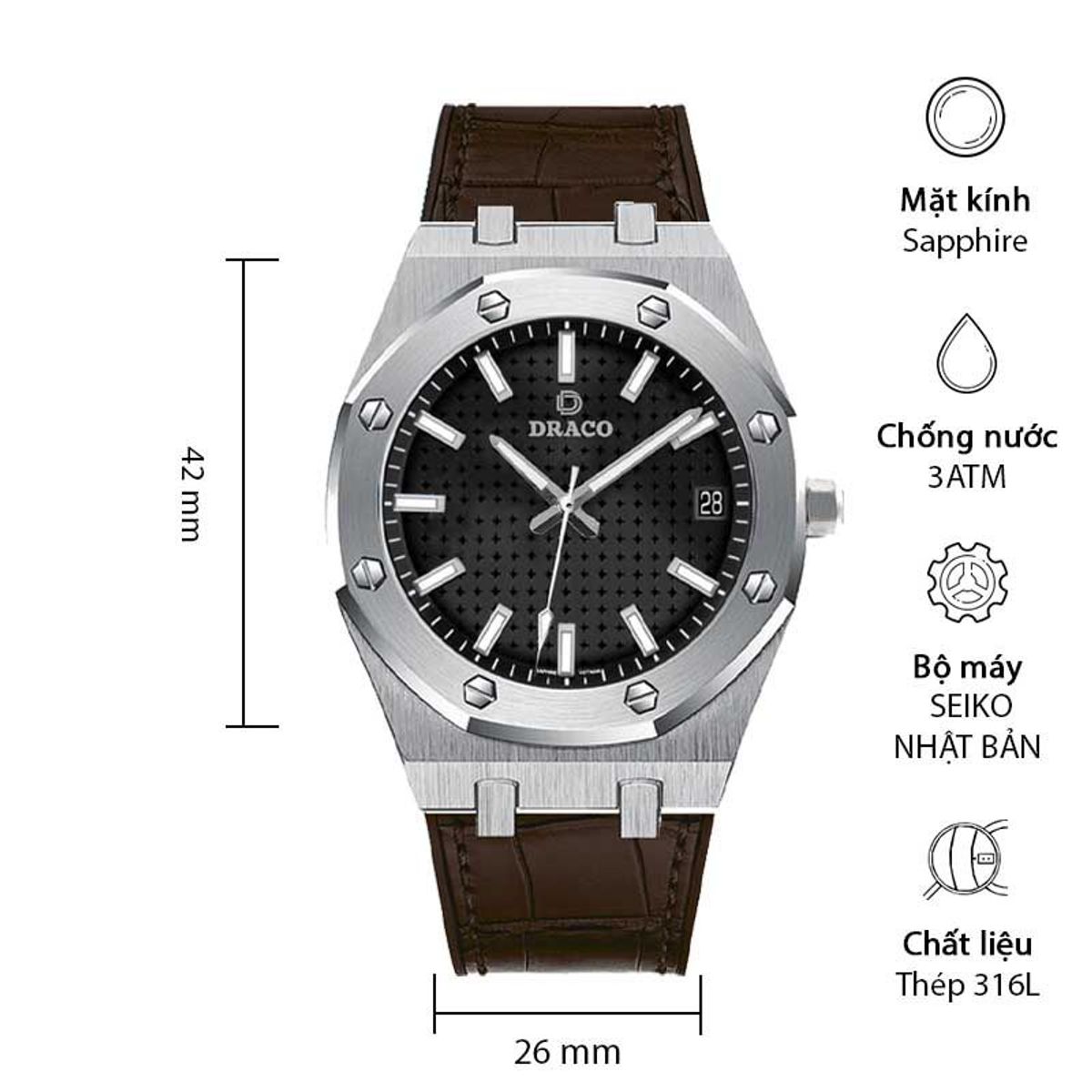 Đồng Hồ Nam - Thương Hiệu DRACO D22-DR04 “Revolution Watch” đen dây da bò nâu Đồng Hồ Nam - Thương Hiệu DRACO D22-DR04 “Revolution Watch” đen dây da bò nâu