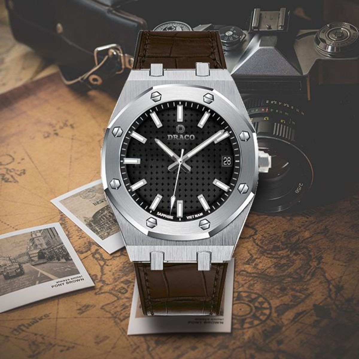 Đồng Hồ Nam - Thương Hiệu DRACO D22-DR04 “Revolution Watch” đen dây da bò nâu Đồng Hồ Nam - Thương Hiệu DRACO D22-DR04 “Revolution Watch” đen dây da bò nâu
