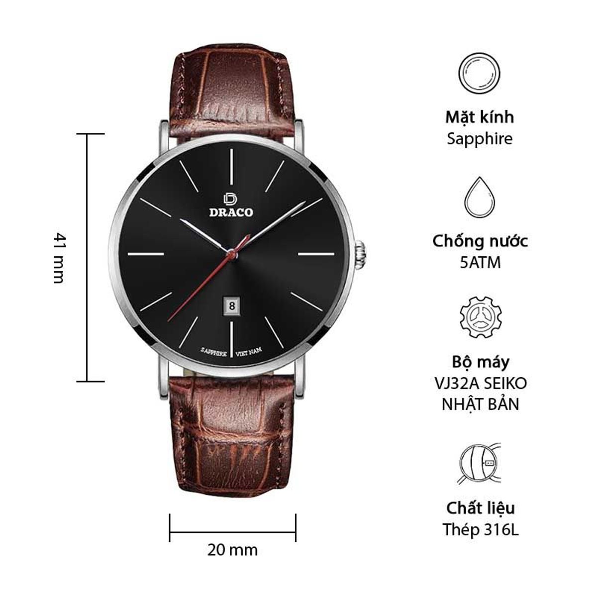 Đồng Hồ Nam - Thương Hiệu DRACO D21-ST02 Đồng Hồ Nam - Thương Hiệu DRACO D21-ST02