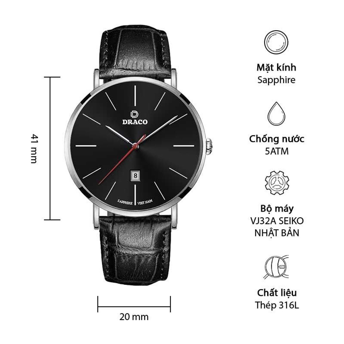 Đồng Hồ Nam - Thương Hiệu DRACO D21-ST02 Đồng Hồ Nam - Thương Hiệu DRACO D21-ST02
