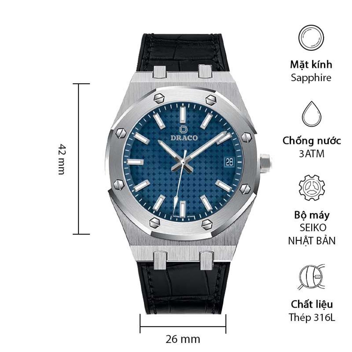 Đồng Hồ Nam - Thương Hiệu DRACO D22-DR04 “Revolution Watch” xanh dây da bò đen Đồng Hồ Nam - Thương Hiệu DRACO D22-DR04 “Revolution Watch” xanh dây da bò đen