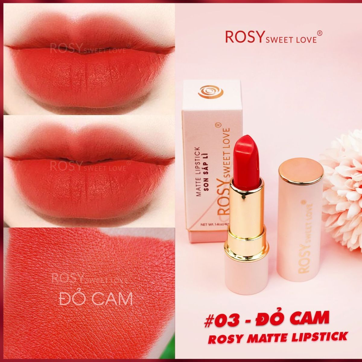 SON SÁP LÌ ROSY MÀU ĐỎ CAM ĐƯỢC SĂN ĐÓN NHẤT HIỆN NAY BỀN MÀU MỀM MÔI SON SÁP LÌ ROSY MÀU ĐỎ CAM ĐƯỢC SĂN ĐÓN NHẤT HIỆN NAY BỀN MÀU MỀM MÔI
