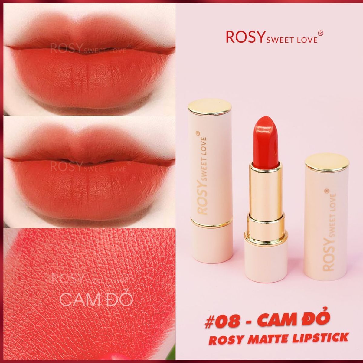 SON SÁP LÌ ROSY MÀU CAM ĐỎ TÔNG DA TRẮNG BỀN MÀU MỀM MÔI SON SÁP LÌ ROSY MÀU CAM ĐỎ TÔNG DA TRẮNG BỀN MÀU MỀM MÔI