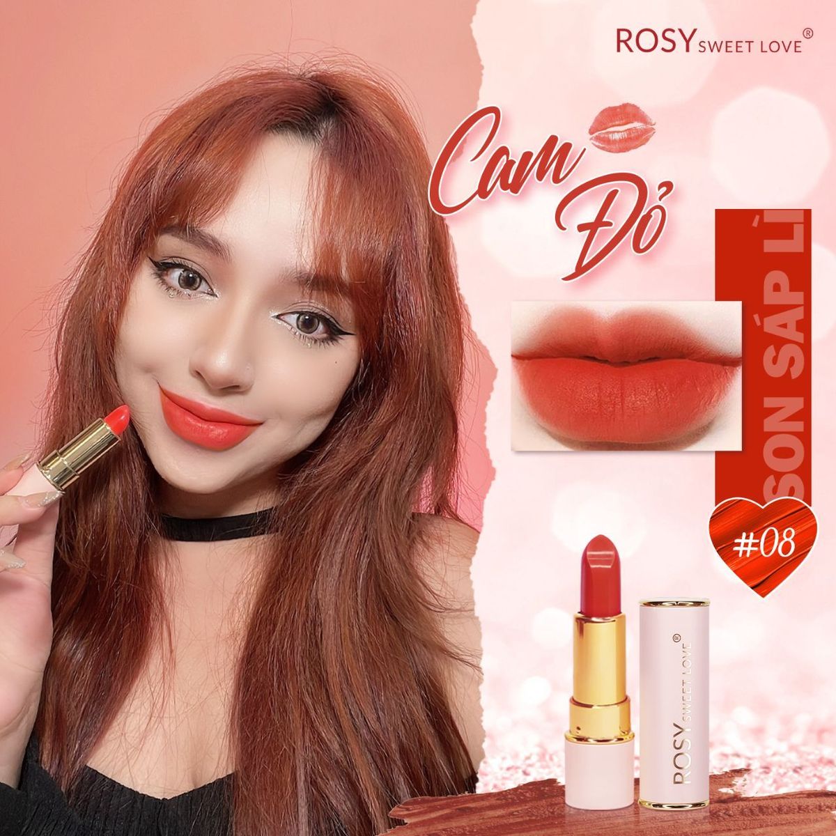 SON SÁP LÌ ROSY MÀU CAM ĐỎ TÔNG DA TRẮNG BỀN MÀU MỀM MÔI SON SÁP LÌ ROSY MÀU CAM ĐỎ TÔNG DA TRẮNG BỀN MÀU MỀM MÔI