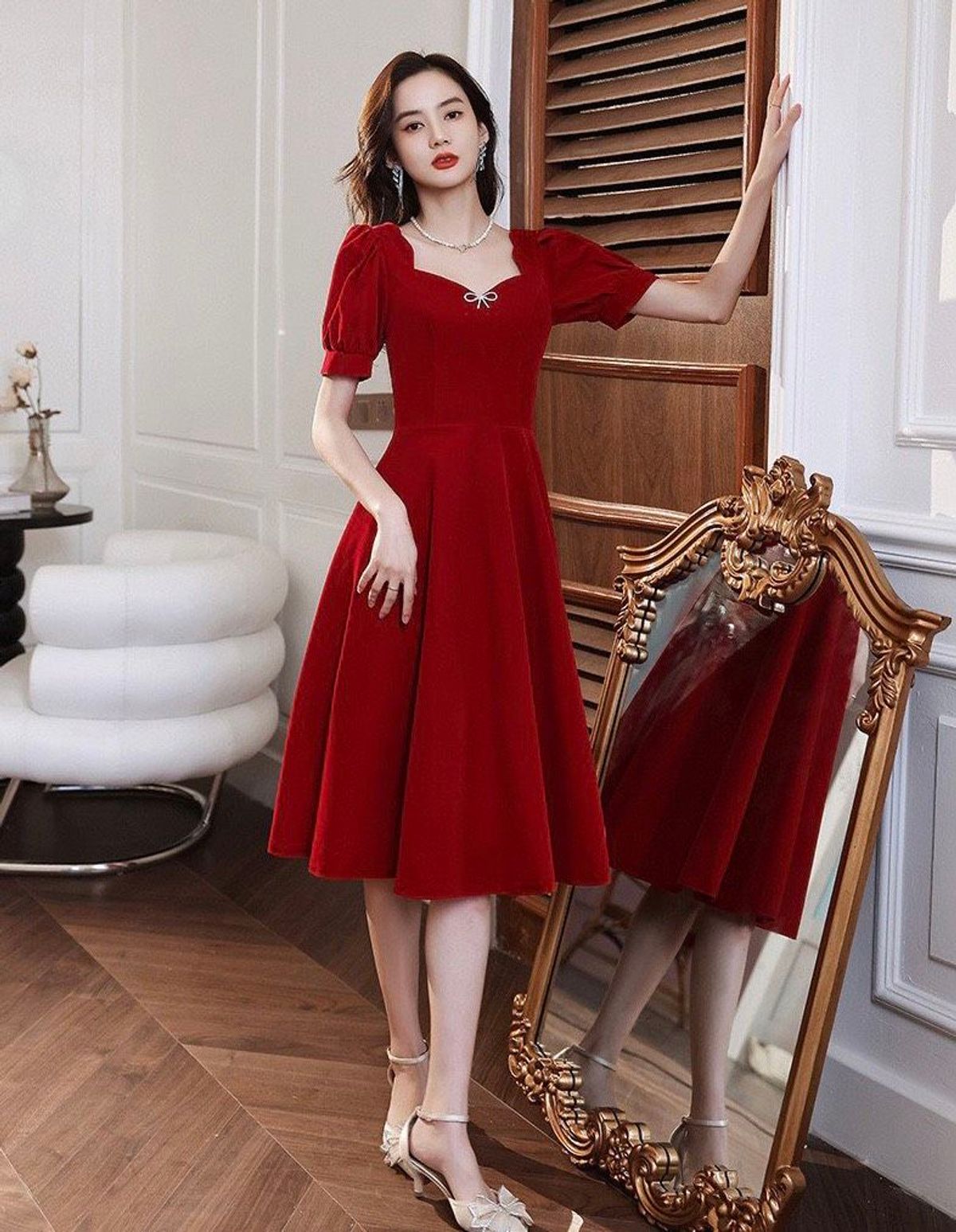 ĐẦM XÒE ĐỎ TAY PHỒNG PHỤ KIỆN NƠ – DT1706 ĐẦM XÒE ĐỎ TAY PHỒNG PHỤ KIỆN NƠ – DT1706