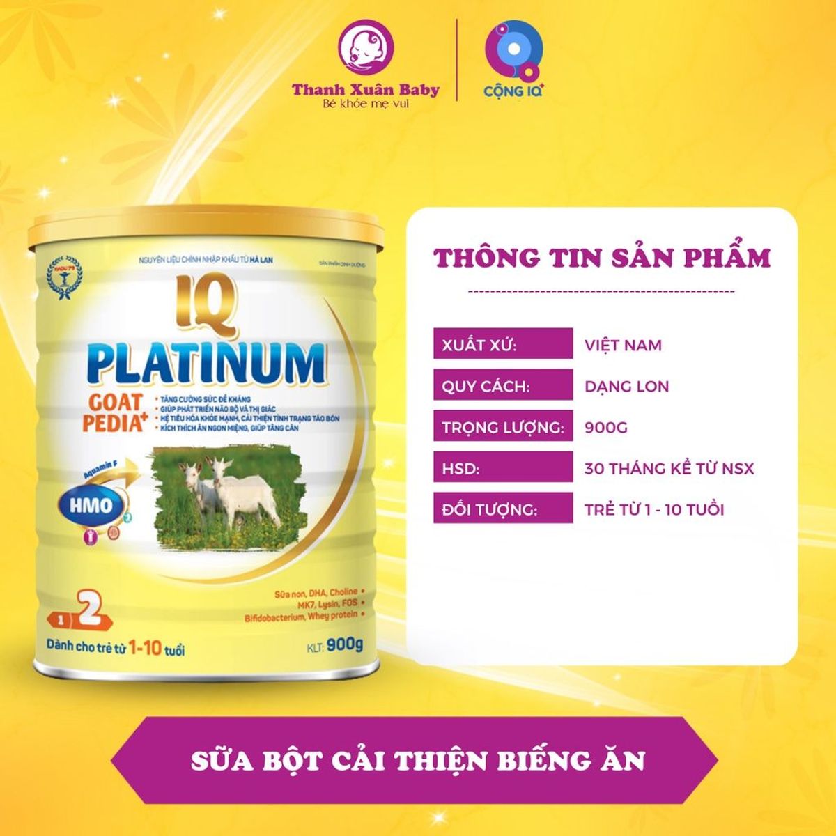 Sữa bột IQ Platinum Goat Pedia+ sữa dê cải thiện biếng ăn hỗ trợ tăng cân 900g - Thanh Xuân Baby Sữa bột IQ Platinum Goat Pedia+ sữa dê cải thiện biếng ăn hỗ trợ tăng cân 900g - Thanh Xuân Baby