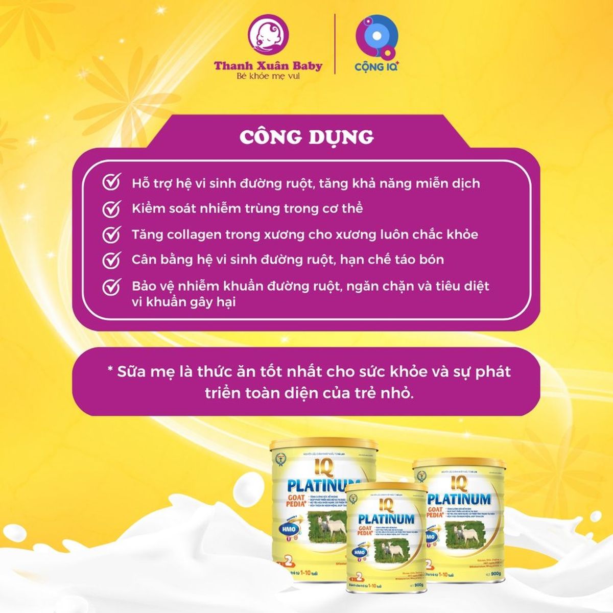 Sữa bột IQ Platinum Goat Pedia+ sữa dê cải thiện biếng ăn hỗ trợ tăng cân 900g - Thanh Xuân Baby Sữa bột IQ Platinum Goat Pedia+ sữa dê cải thiện biếng ăn hỗ trợ tăng cân 900g - Thanh Xuân Baby