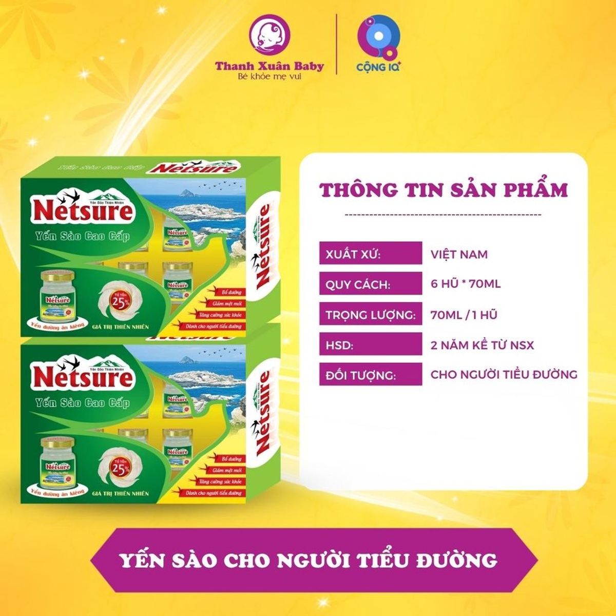 Hộp quà 6 hũ Yến sào cho người tiểu đường Netsure (15% yến) lọ 70ml - Thanh Xuân Baby Hộp quà 6 hũ Yến sào cho người tiểu đường Netsure (15% yến) lọ 70ml - Thanh Xuân Baby