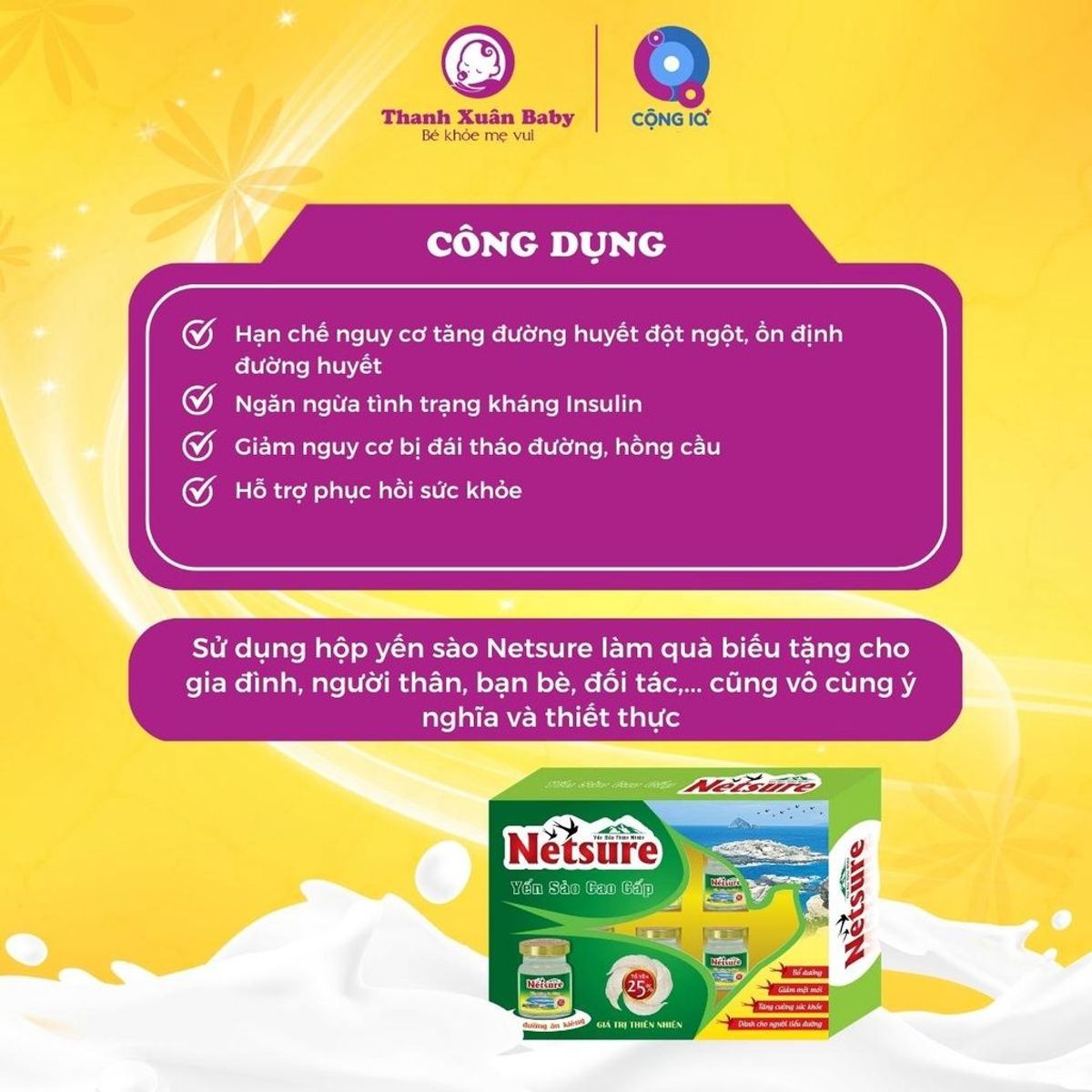 Hộp quà 6 hũ Yến sào cho người tiểu đường Netsure (15% yến) lọ 70ml - Thanh Xuân Baby Hộp quà 6 hũ Yến sào cho người tiểu đường Netsure (15% yến) lọ 70ml - Thanh Xuân Baby
