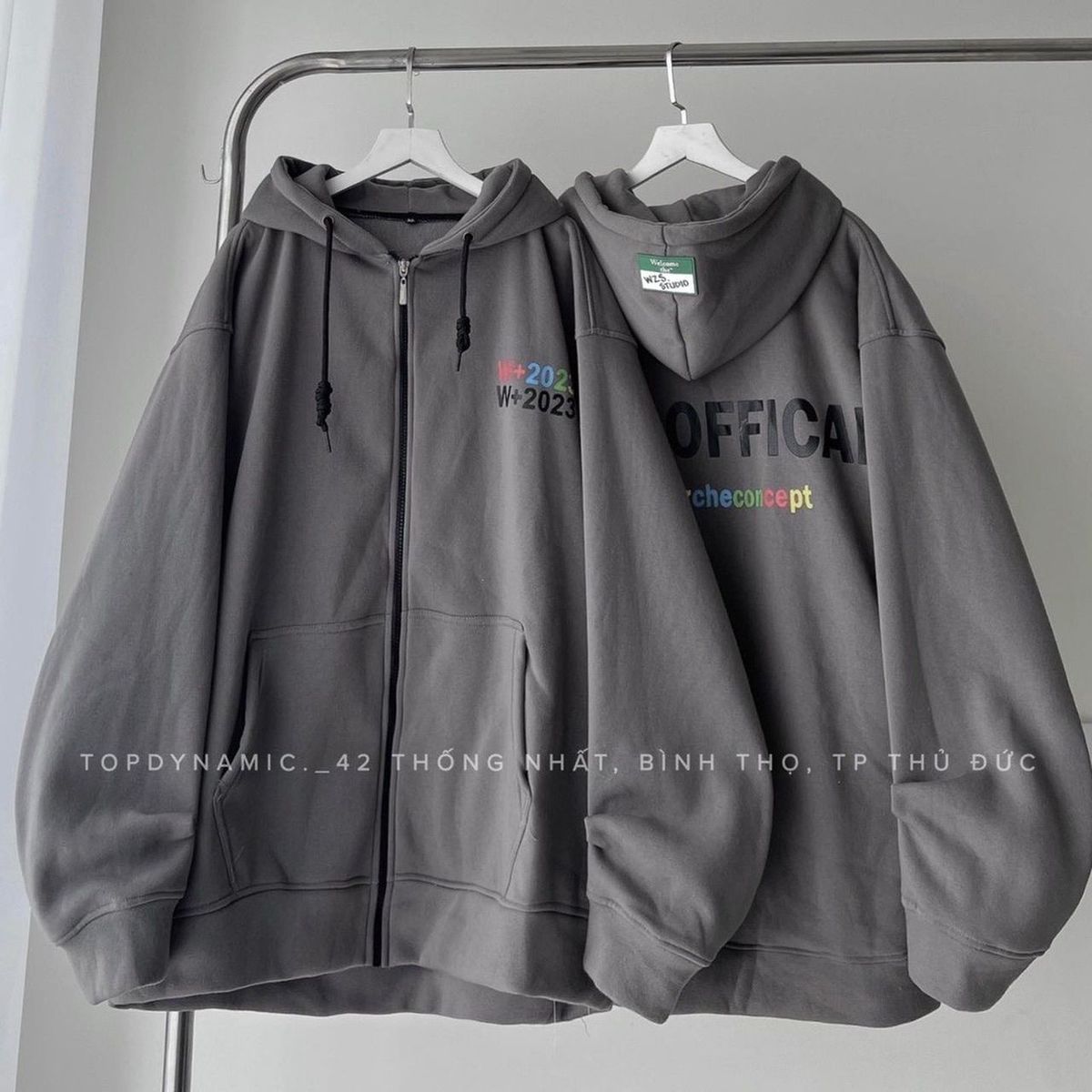 Áo khoác hoodie zip WZS 2023 vải nỉ lót bông form rộng unisex nam nữ Áo khoác hoodie zip WZS 2023 vải nỉ lót bông form rộng unisex nam nữ