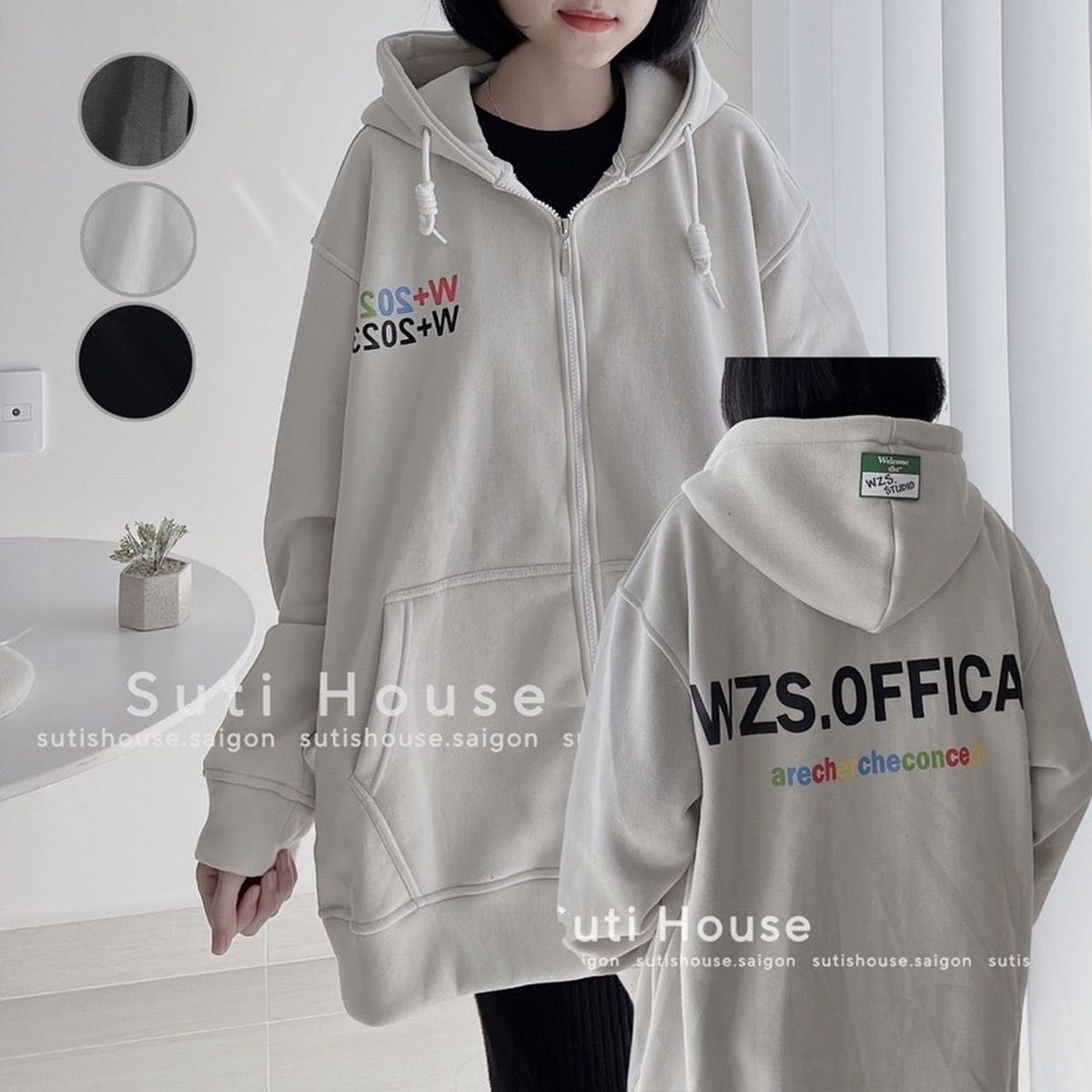 Áo khoác hoodie zip WZS 2023 vải nỉ lót bông form rộng unisex nam nữ Áo khoác hoodie zip WZS 2023 vải nỉ lót bông form rộng unisex nam nữ