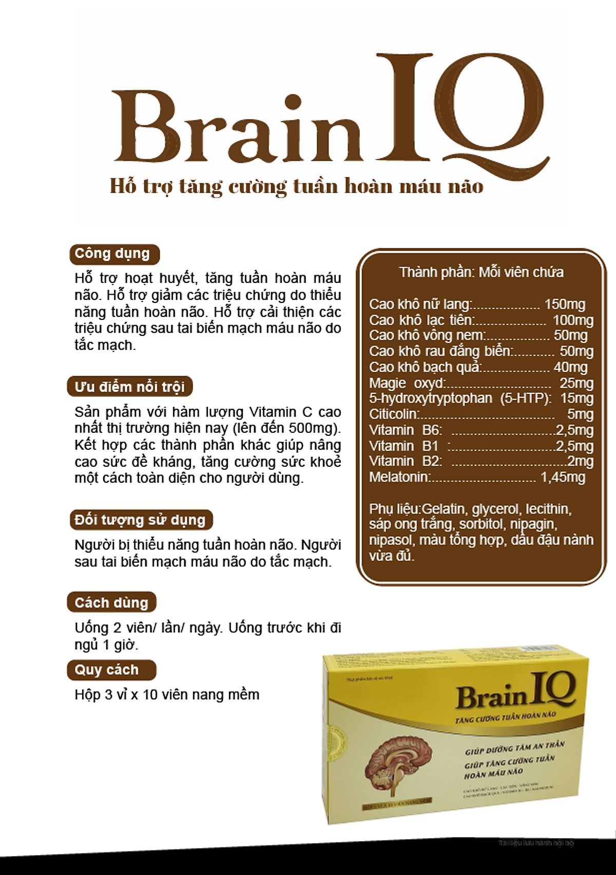 Viên Uống Bổ Não Brain IQ tăng cường tuần hoàn não, dưỡng tâm an thần giúp ngủ ngon cải thiện trí nhớ Viên Uống Bổ Não Brain IQ tăng cường tuần hoàn não, dưỡng tâm an thần giúp ngủ ngon cải thiện trí nhớ