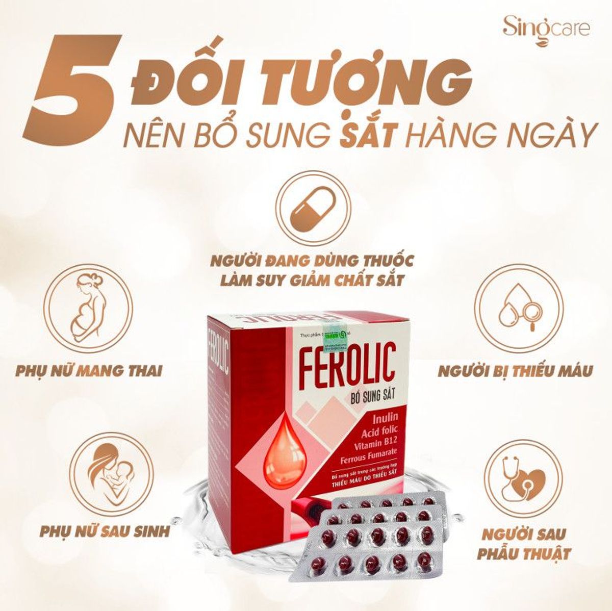 VIÊN UỐNG FEROLIC BỔ SUNG SẮT, ACID FOLIC HỘP 100 VIÊN - SINGCARE VIÊN UỐNG FEROLIC BỔ SUNG SẮT, ACID FOLIC HỘP 100 VIÊN - SINGCARE