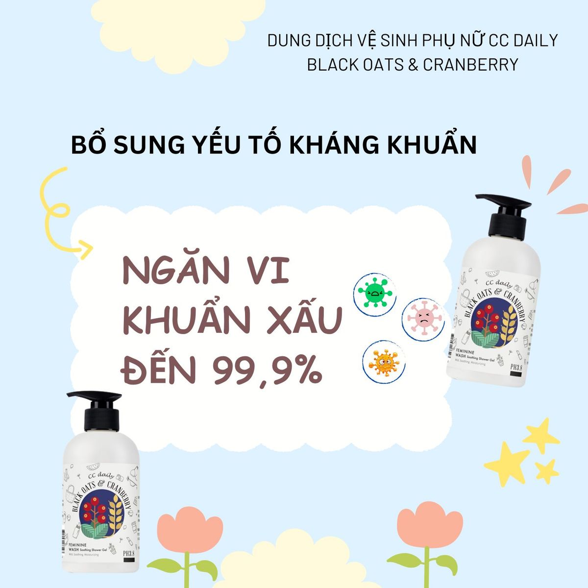 Dung dịch vệ sinh phụ nữ làm dịu và mềm mại da CC Daily Black Oats & Cranberry Feminine Wash Soothing Shower Gel 330g Dung dịch vệ sinh phụ nữ làm dịu và mềm mại da CC Daily Black Oats & Cranberry Feminine Wash Soothing Shower Gel 330g