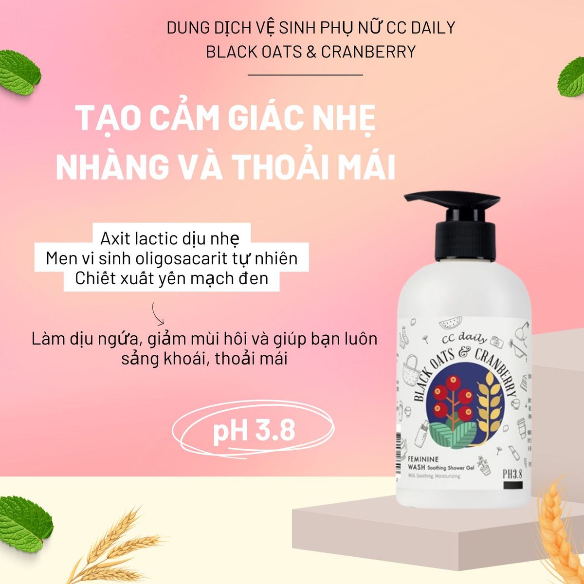 Dung dịch vệ sinh phụ nữ làm dịu và mềm mại da CC Daily Black Oats & Cranberry Feminine Wash Soothing Shower Gel 330g Dung dịch vệ sinh phụ nữ làm dịu và mềm mại da CC Daily Black Oats & Cranberry Feminine Wash Soothing Shower Gel 330g