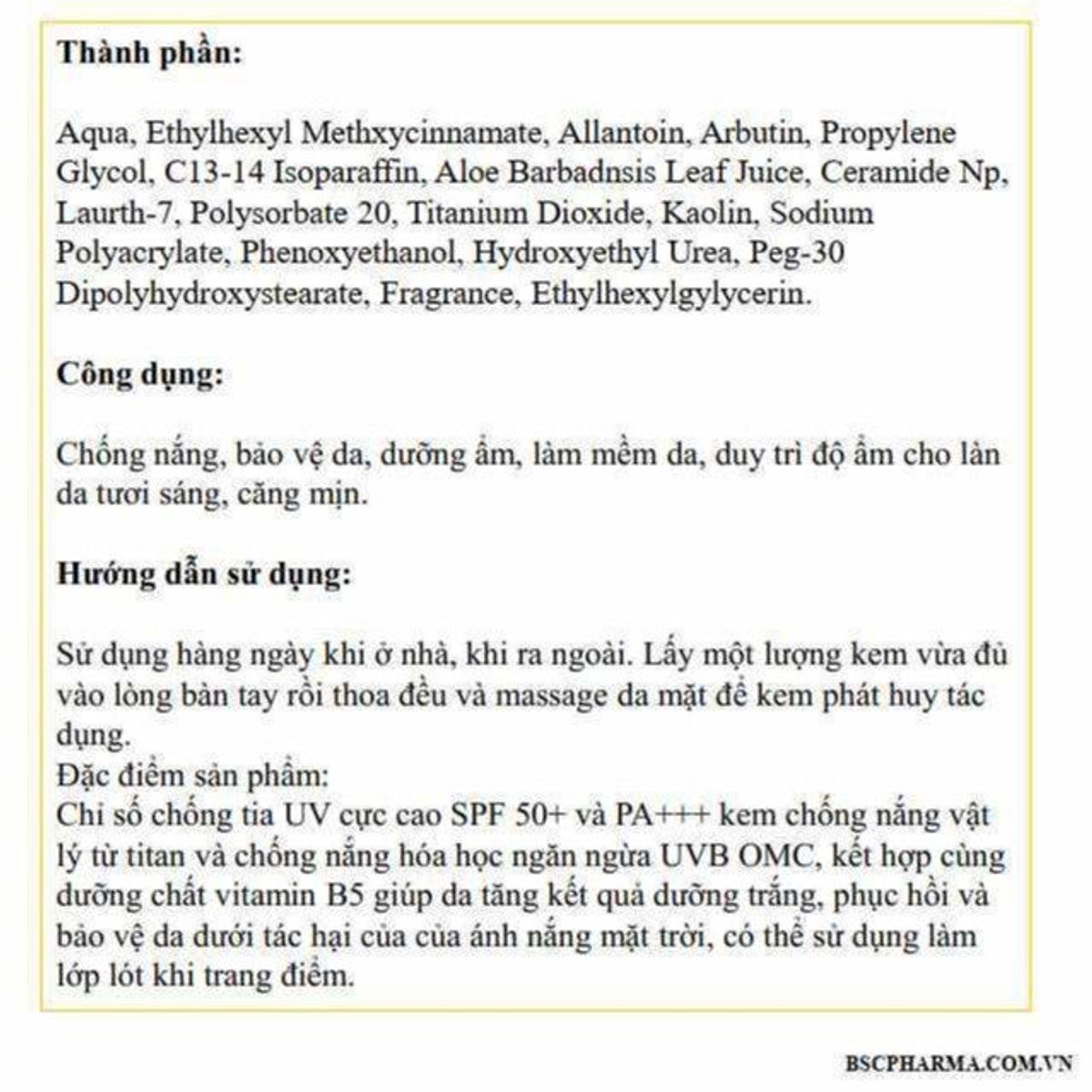 KEM CHỐNG NẮNG NÂNG TÔNG DƯỠNG DA SUN CREAM 50+ + - BSC KEM CHỐNG NẮNG NÂNG TÔNG DƯỠNG DA SUN CREAM 50+ + - BSC