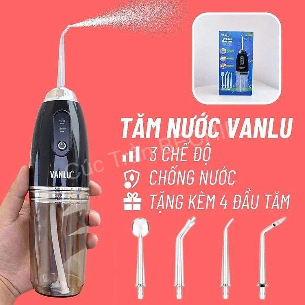 MÁY TĂM NƯỚC CAO CẤP VANLU WATERFLOSSER CHÍNH HÃNG FULL BOX, 3 CHẾ ĐỘ XỊT NƯỚC, TẶNG KÈM 4 ĐẦU XỊT - BECHIP MÁY TĂM NƯỚC CAO CẤP VANLU WATERFLOSSER CHÍNH HÃNG FULL BOX, 3 CHẾ ĐỘ XỊT NƯỚC, TẶNG KÈM 4 ĐẦU XỊT - BECHIP