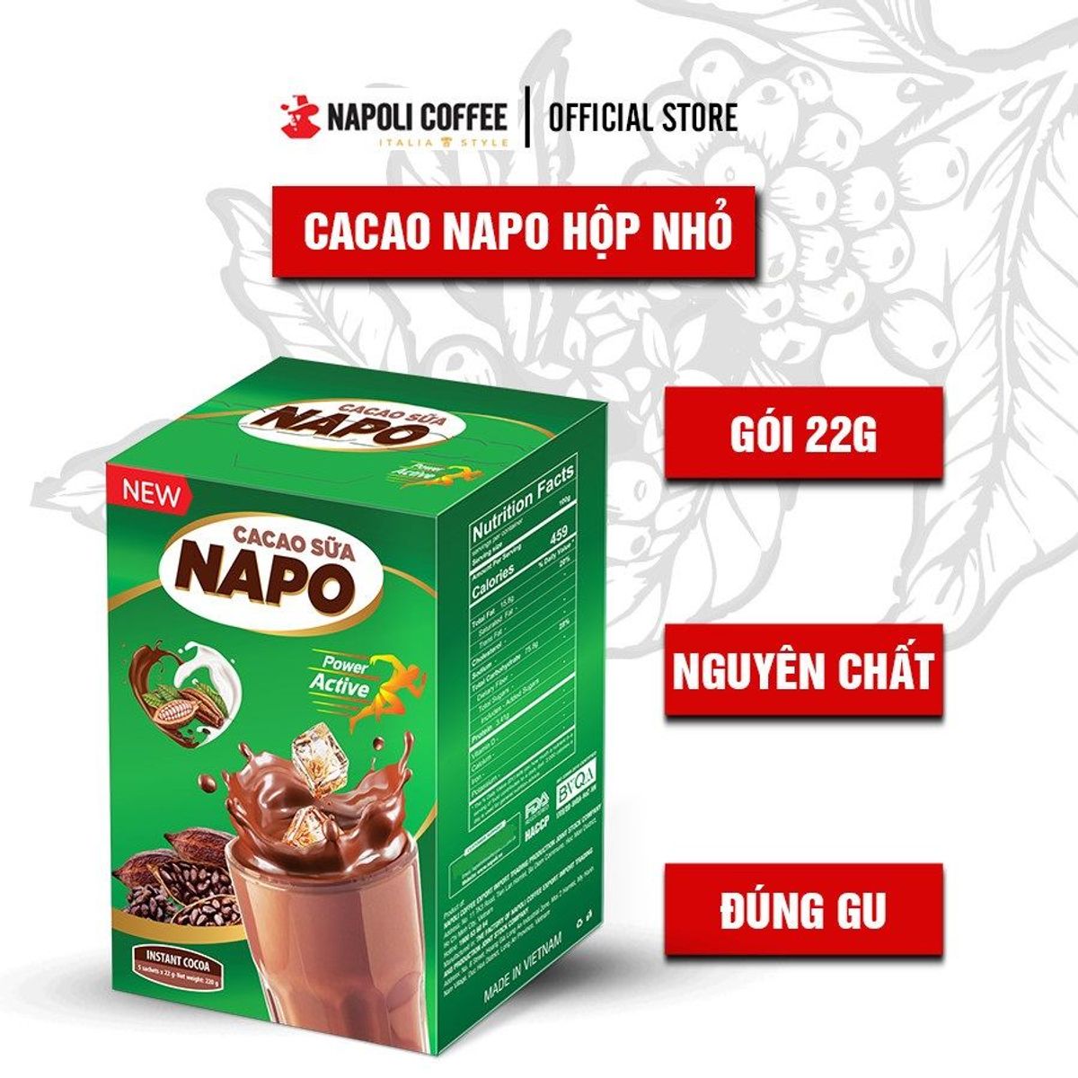 Cacao Napo Sữa hòa tan hộp 5 gói x 22g - Napoli Coffee - Bổ sung năng lượng cho buổi sáng Cacao Napo Sữa hòa tan hộp 5 gói x 22g - Napoli Coffee - Bổ sung năng lượng cho buổi sáng