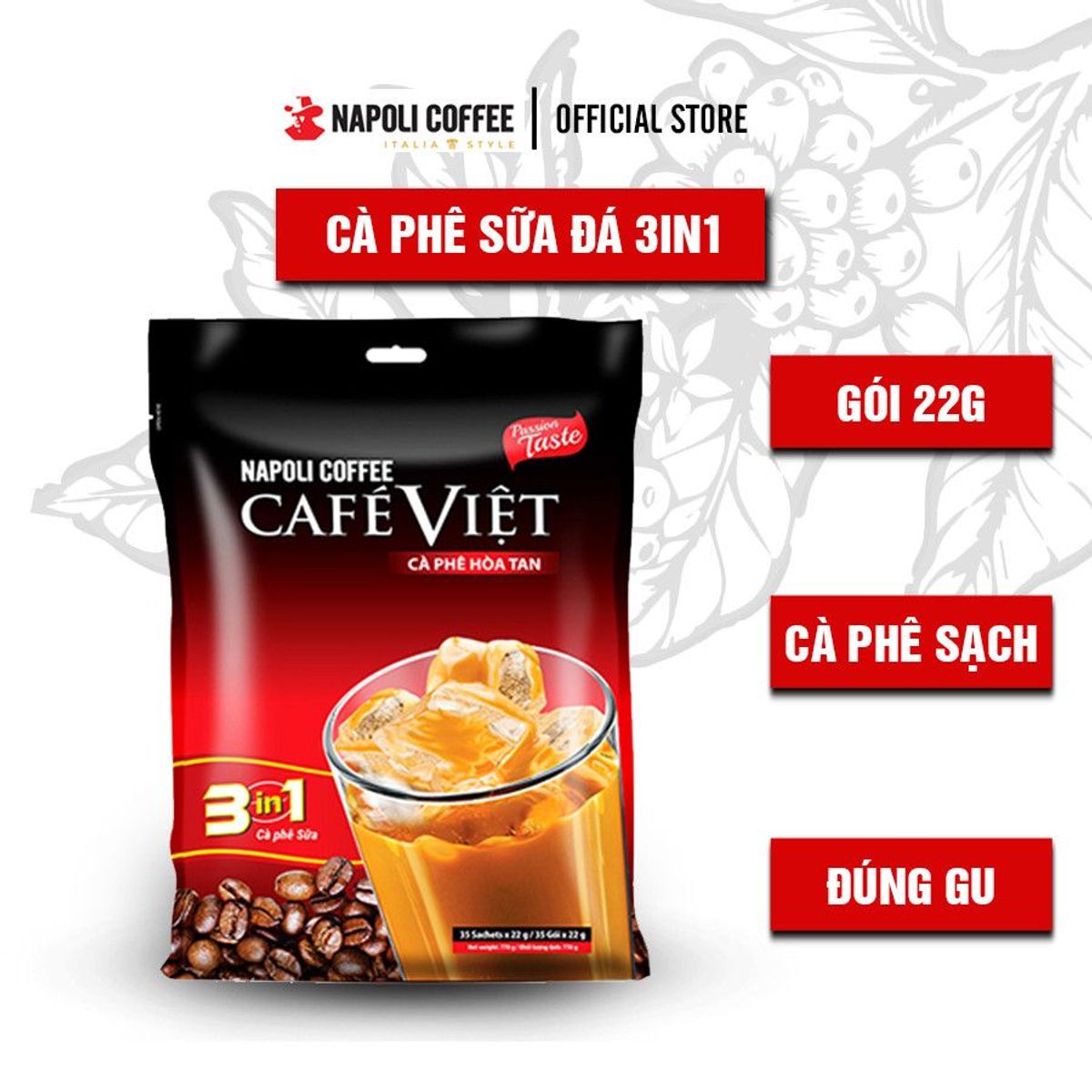 Cà phê hòa tan sữa đá 3in1 Napoli Coffee 22g/gói - Cafe sạch đậm vị Arabica/Robusta Cà phê hòa tan sữa đá 3in1 Napoli Coffee 22g/gói - Cafe sạch đậm vị Arabica/Robusta