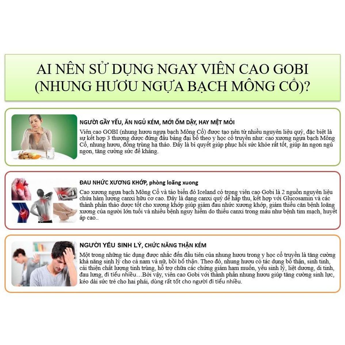 Viên Cao Gobi nhung hươu, cao ngựa bạch Mông Cổ giúp giảm đau nhức xương khớp, tốt cho thận, tăng cường sức khỏe Viên Cao Gobi nhung hươu, cao ngựa bạch Mông Cổ giúp giảm đau nhức xương khớp, tốt cho thận, tăng cường sức khỏe