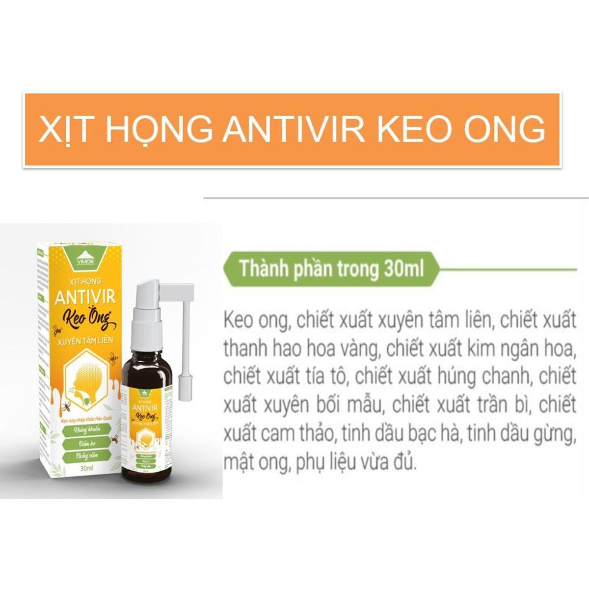 Chai xịt họng Antivir Keo ong xuyên tâm liên Vimos giúp hạn chế viêm lợi, nhiệt miệng, giảm ho,đau rát họng chai 30ml Chai xịt họng Antivir Keo ong xuyên tâm liên Vimos giúp hạn chế viêm lợi, nhiệt miệng, giảm ho,đau rát họng chai 30ml