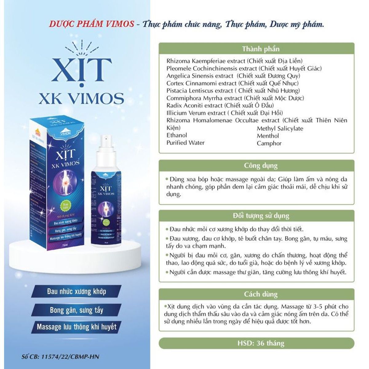 Combo 2 chai Xịt giảm đau xương khớp VIMOS giúp giảm đau nhức mỏi cơ xương tăng cường lưu thông khí huyết lọ xịt 75ml Combo 2 chai Xịt giảm đau xương khớp VIMOS giúp giảm đau nhức mỏi cơ xương tăng cường lưu thông khí huyết lọ xịt 75ml