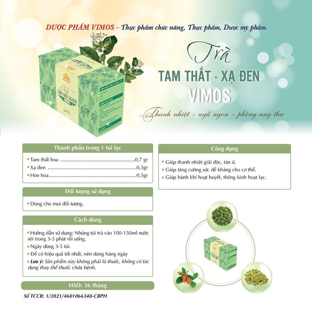 Combo 3 hộp Trà tam thất xạ đen VIMOS có khả năng thanh nhiệt, giúp ngủ ngon, tăng cường chức năng gan Combo 3 hộp Trà tam thất xạ đen VIMOS có khả năng thanh nhiệt, giúp ngủ ngon, tăng cường chức năng gan
