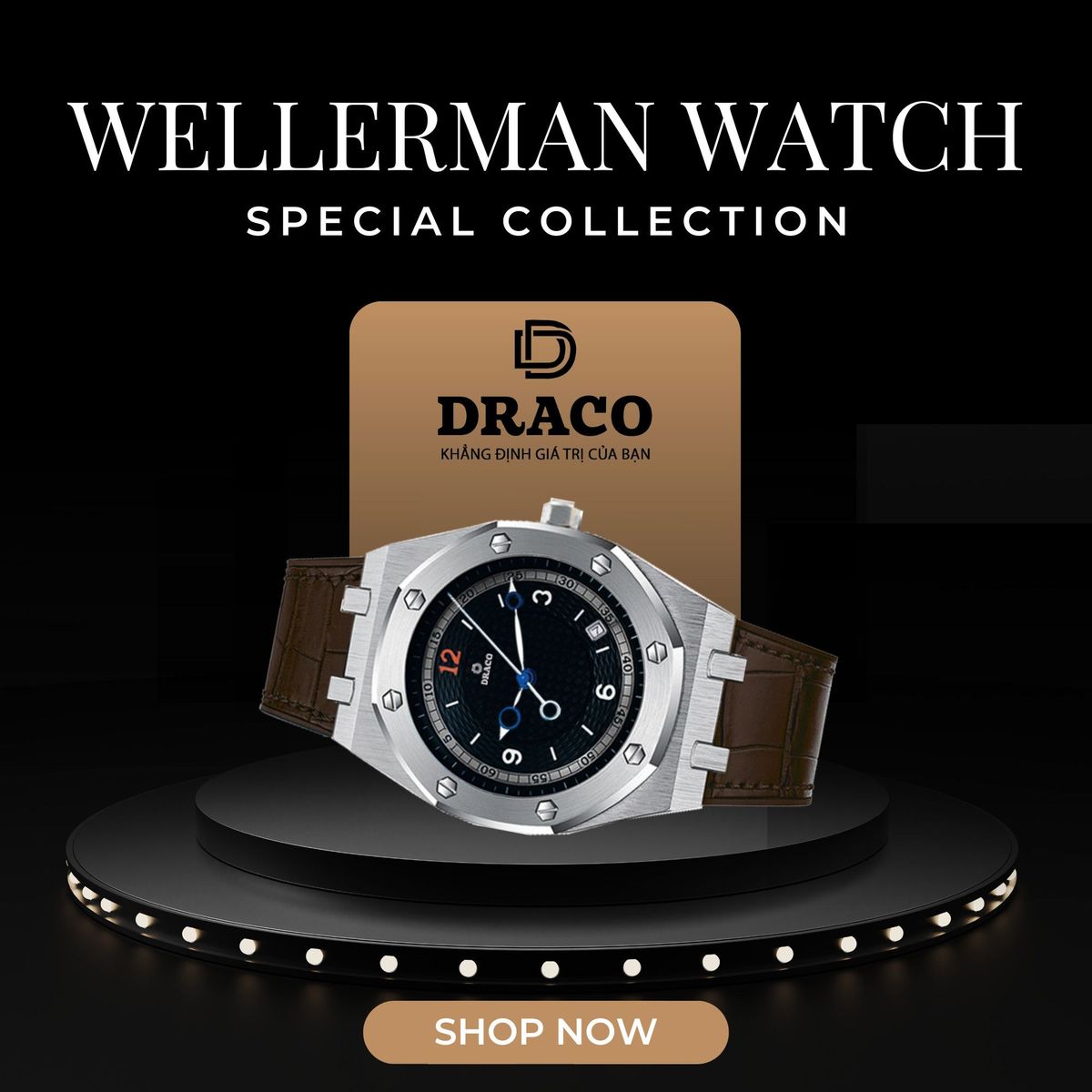 Đồng Hồ Nam - Thương Hiệu DRACO D22-DR05 “Wellerman” đen dây da bò nâu Đồng Hồ Nam - Thương Hiệu DRACO D22-DR05 “Wellerman” đen dây da bò nâu