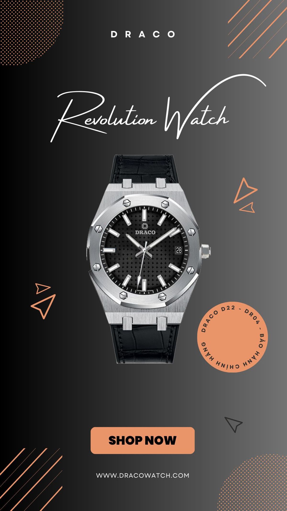 Đồng Hồ Nam - Thương Hiệu DRACO D22-DR04 “Revolution Watch” đen dây da bò đen Đồng Hồ Nam - Thương Hiệu DRACO D22-DR04 “Revolution Watch” đen dây da bò đen