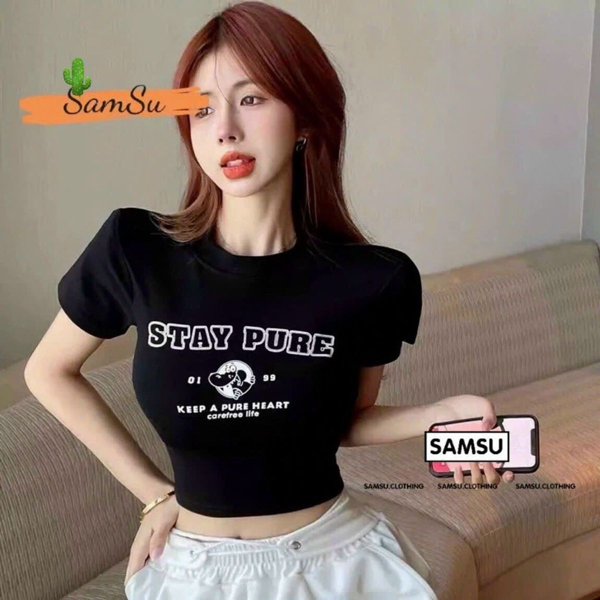 ÁO THUN NỮ CROPTOP CỔ TRÒN TAY NGẮN CÚN STAY PURE - AUSA HOUSE ÁO THUN NỮ CROPTOP CỔ TRÒN TAY NGẮN CÚN STAY PURE - AUSA HOUSE