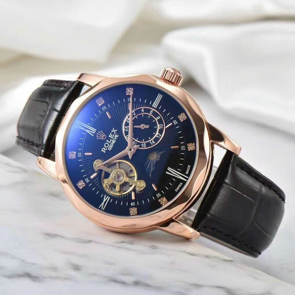 Đồng hồ rol ex dây da cơ lịch ngày, đêm bản lộ tim giá sỉ, giá bán - Main Image