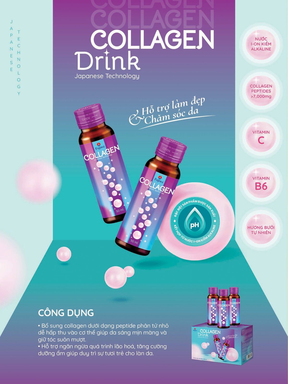 Hộp 10 Chai Nước Uống Đẹp Da Fujiwa Collagen 50ml - Ngăn ngừa lão hoá da, Giảm nếp nhăn, Giúp tóc suôn mượt Hộp 10 Chai Nước Uống Đẹp Da Fujiwa Collagen 50ml - Ngăn ngừa lão hoá da, Giảm nếp nhăn, Giúp tóc suôn mượt
