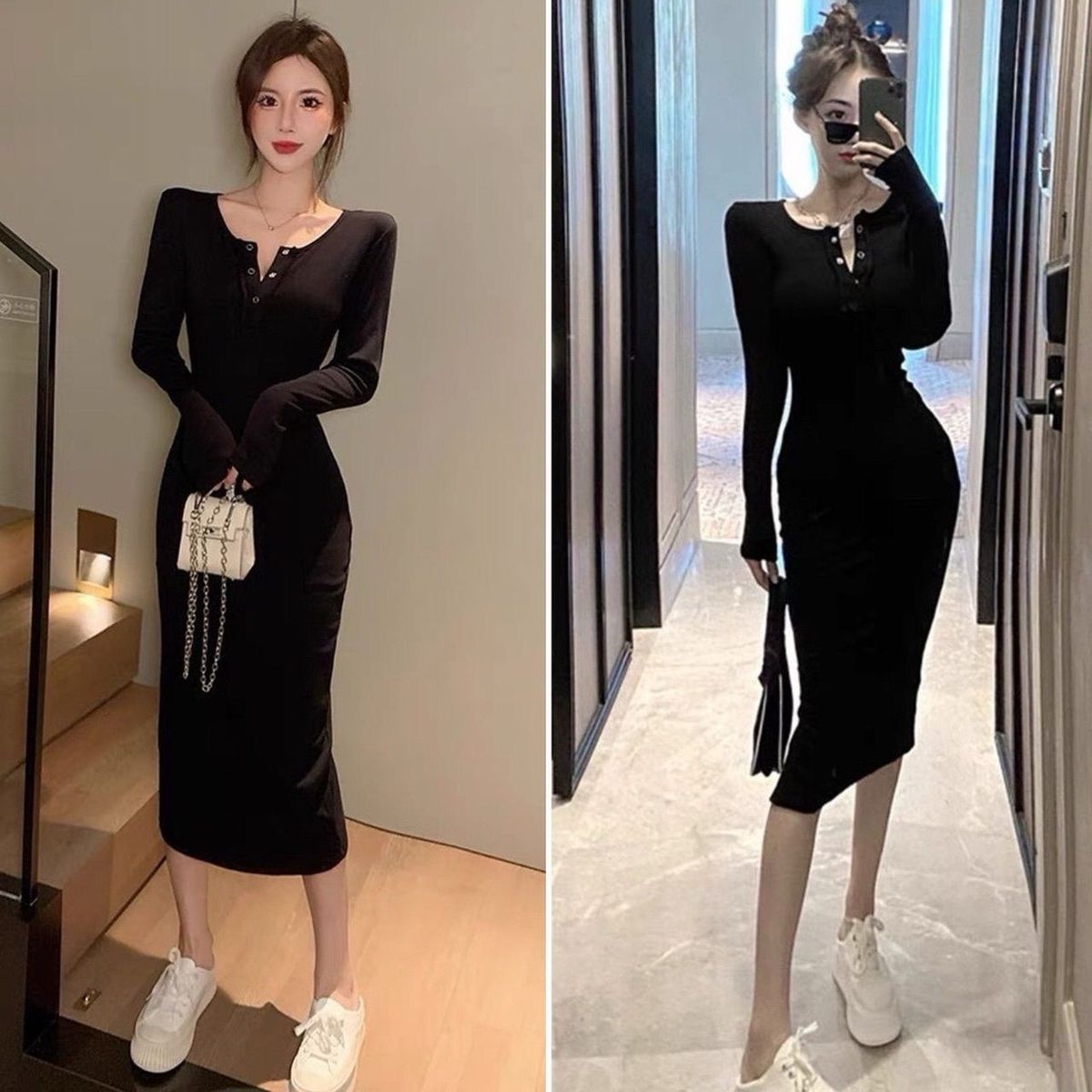 Đầm body tay dài nút bấm thời trang Đầm body tay dài nút bấm thời trang