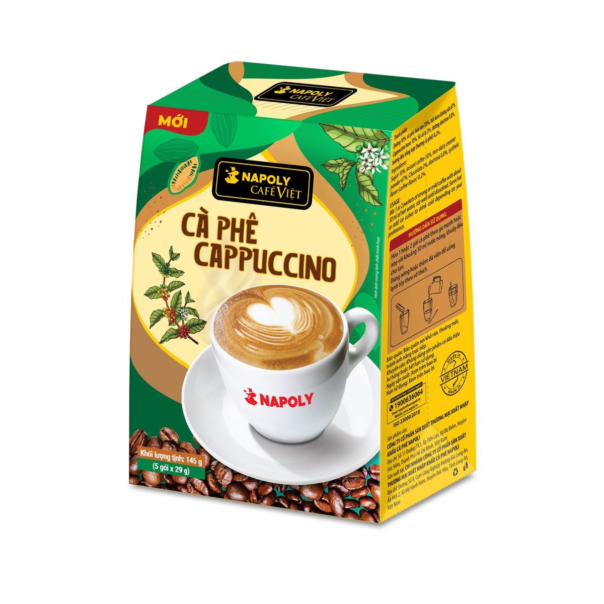Cà phê hòa tan Cappuccino Napoly Coffee từ Arabica/Robusta hạt SẠCH bổ sung Socola 29g/gói Cà phê hòa tan Cappuccino Napoly Coffee từ Arabica/Robusta hạt SẠCH bổ sung Socola 29g/gói