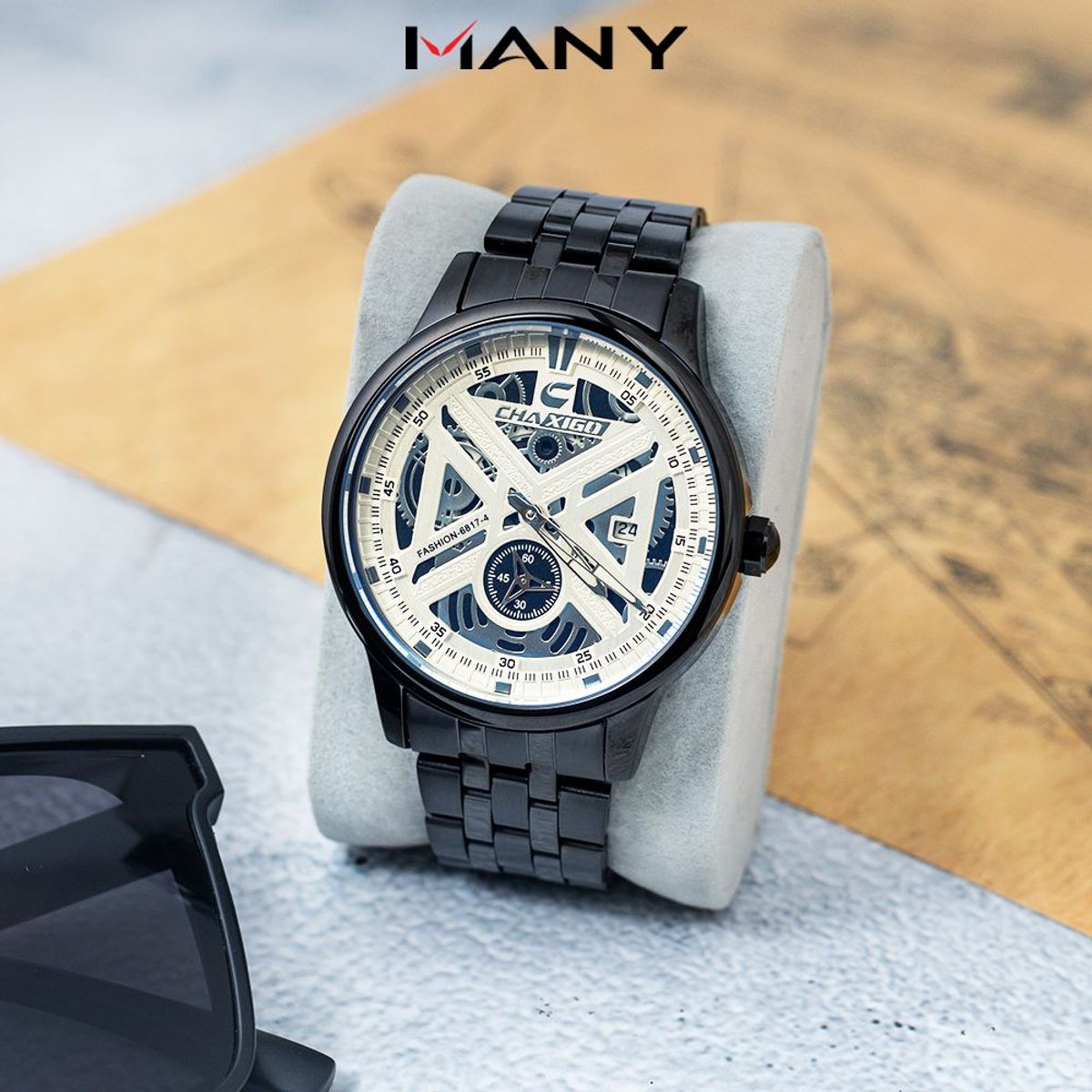 Đồng hồ nam Chaxigo dây hợp kim đúc thiết kế cơ học 2 kim có lịch ngày mã 6817-4 Đồng hồ nam Chaxigo dây hợp kim đúc thiết kế cơ học 2 kim có lịch ngày mã 6817-4