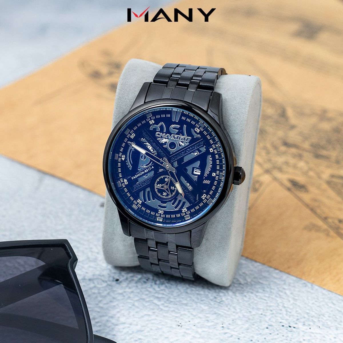 Đồng hồ nam Chaxigo dây hợp kim đúc thiết kế cơ học 2 kim có lịch ngày mã 6817-4 Đồng hồ nam Chaxigo dây hợp kim đúc thiết kế cơ học 2 kim có lịch ngày mã 6817-4