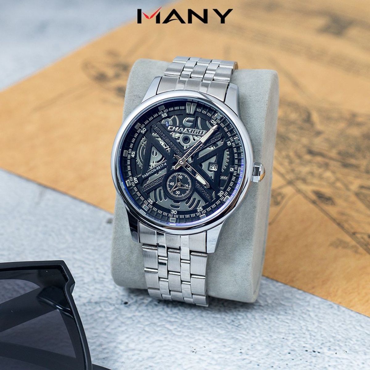 Đồng hồ nam Chaxigo dây hợp kim đúc thiết kế cơ học 2 kim có lịch ngày mã 6817-4 Đồng hồ nam Chaxigo dây hợp kim đúc thiết kế cơ học 2 kim có lịch ngày mã 6817-4