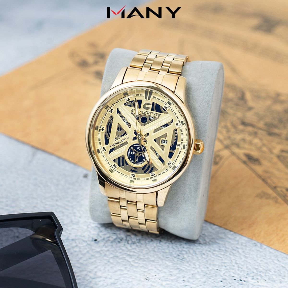 Đồng hồ nam Chaxigo dây hợp kim đúc thiết kế cơ học 2 kim có lịch ngày mã 6817-4 Đồng hồ nam Chaxigo dây hợp kim đúc thiết kế cơ học 2 kim có lịch ngày mã 6817-4