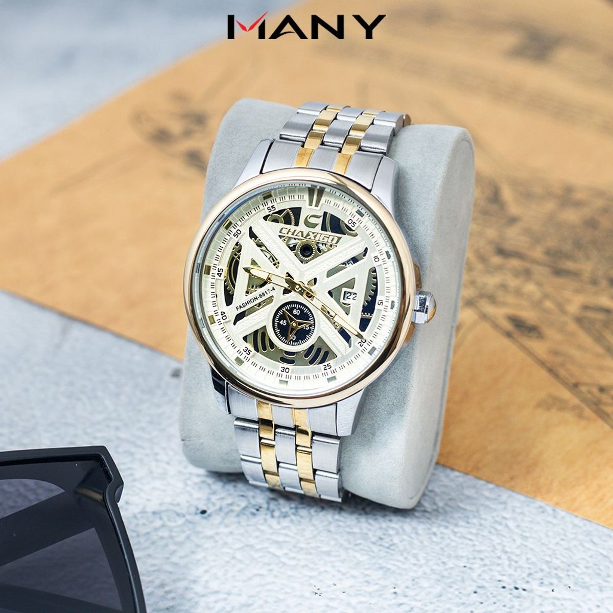 Đồng hồ nam Chaxigo dây hợp kim đúc thiết kế cơ học 2 kim có lịch ngày mã 6817-4 Đồng hồ nam Chaxigo dây hợp kim đúc thiết kế cơ học 2 kim có lịch ngày mã 6817-4