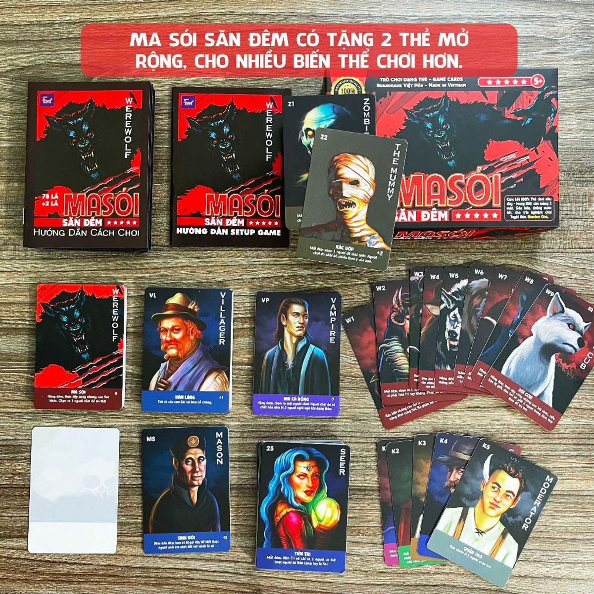 Board game bài Ma Sói Săn Đêm việt hóa Foxi-Werewoft-80 lá-78 lá tặng 2 thẻ mở rộng-thẻ in sắc nét-siêu dày Board game bài Ma Sói Săn Đêm việt hóa Foxi-Werewoft-80 lá-78 lá tặng 2 thẻ mở rộng-thẻ in sắc nét-siêu dày