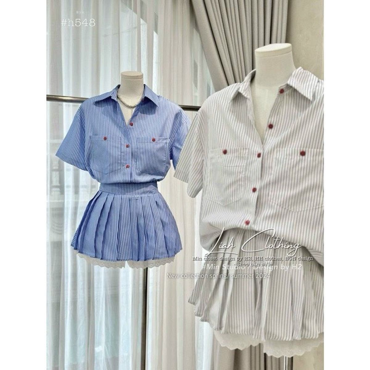 SET sơ mi sọc 2 túi nút đỏ kèm chân váy xếp ly ,có lót quần phối ren freesize dưới 55kg SET sơ mi sọc 2 túi nút đỏ kèm chân váy xếp ly ,có lót quần phối ren freesize dưới 55kg
